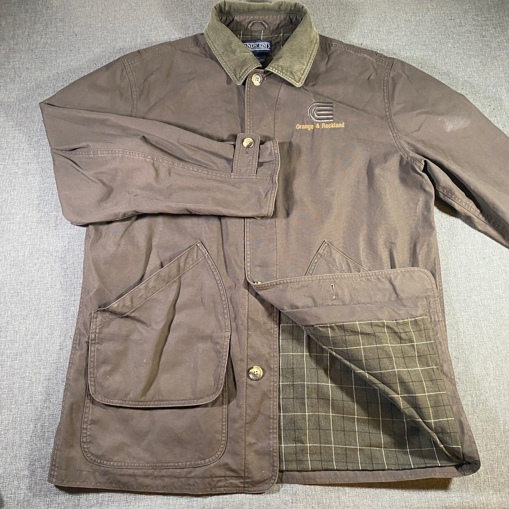 Lands End Mens L Tall Brown Cotton Barn Jacket Corduroy Collar Field Quilt Lined